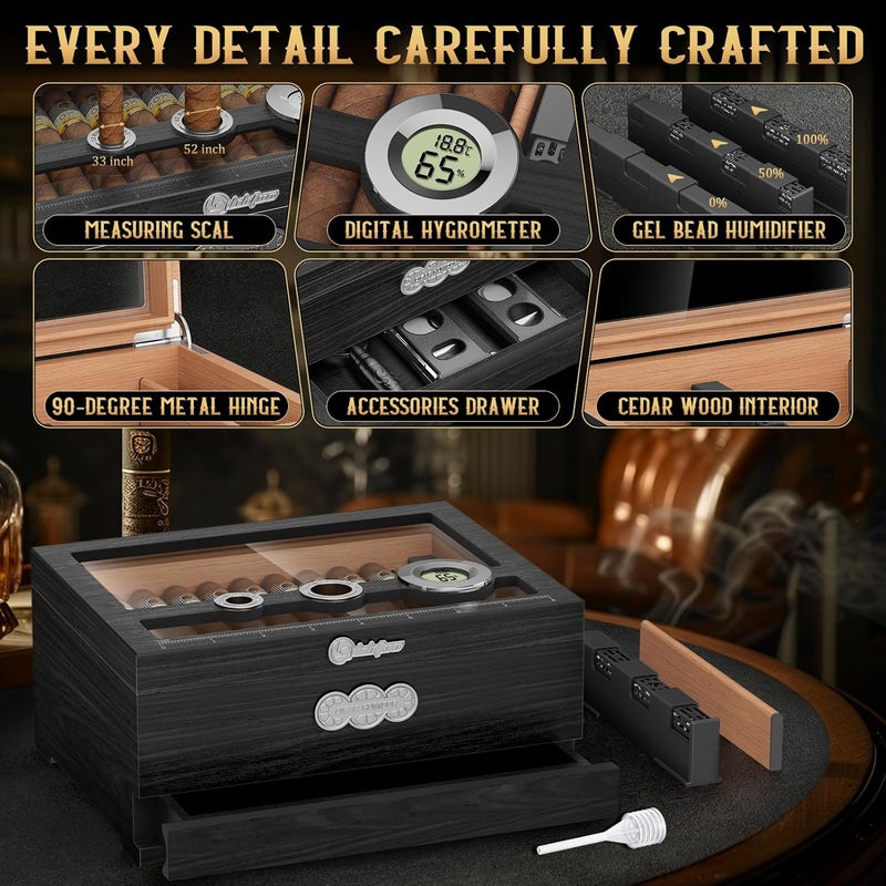 LIHTUN Cigar Humidor, Glass Top Desktop Humidor Box, Cigar Gifts for Men, Cedar Wood Cigars Case with Digital Hygrometer, Humidifier, Measuring Scale and Cigars Accessories Drawer - Image 3